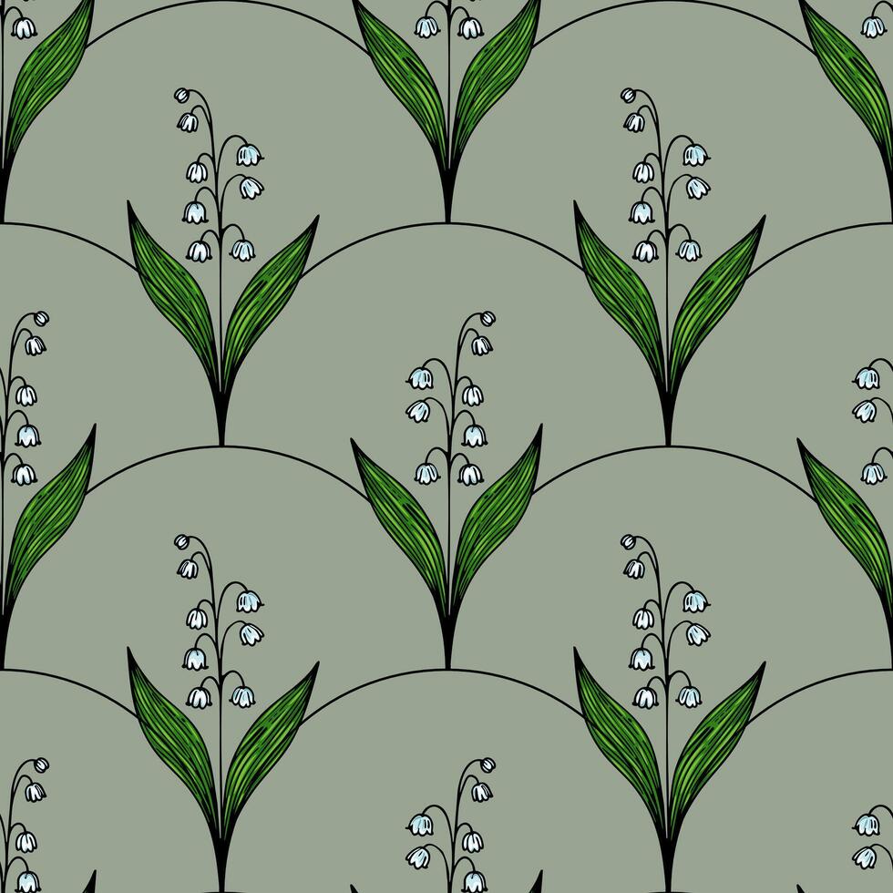 A seamless pattern featuring stylized lily of the valley flowers with green leaves on a muted green background. The design is elegant and suitable for textiles or wallpapers. vector