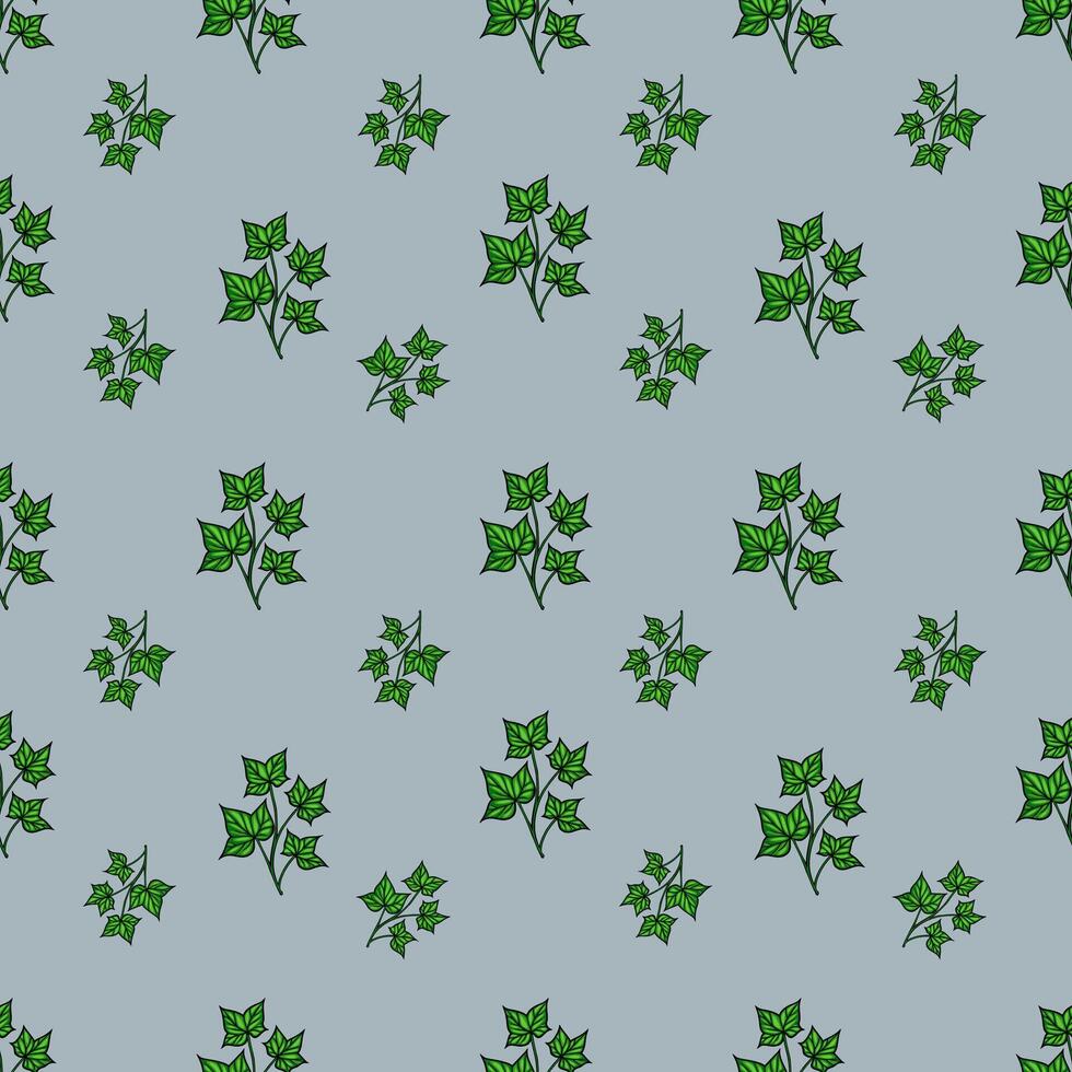A seamless pattern featuring green ivy leaves on a lightblue background. The leaves are detailed with varying shades of green, creating a natural and fresh look. vector