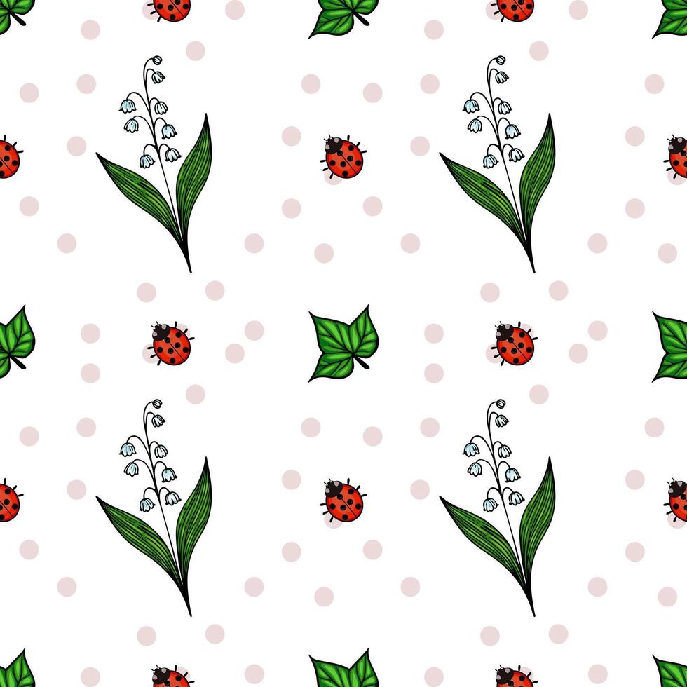 A seamless pattern featuring ladybugs, green leaves, and white flowers on a light background with polka dots. vector