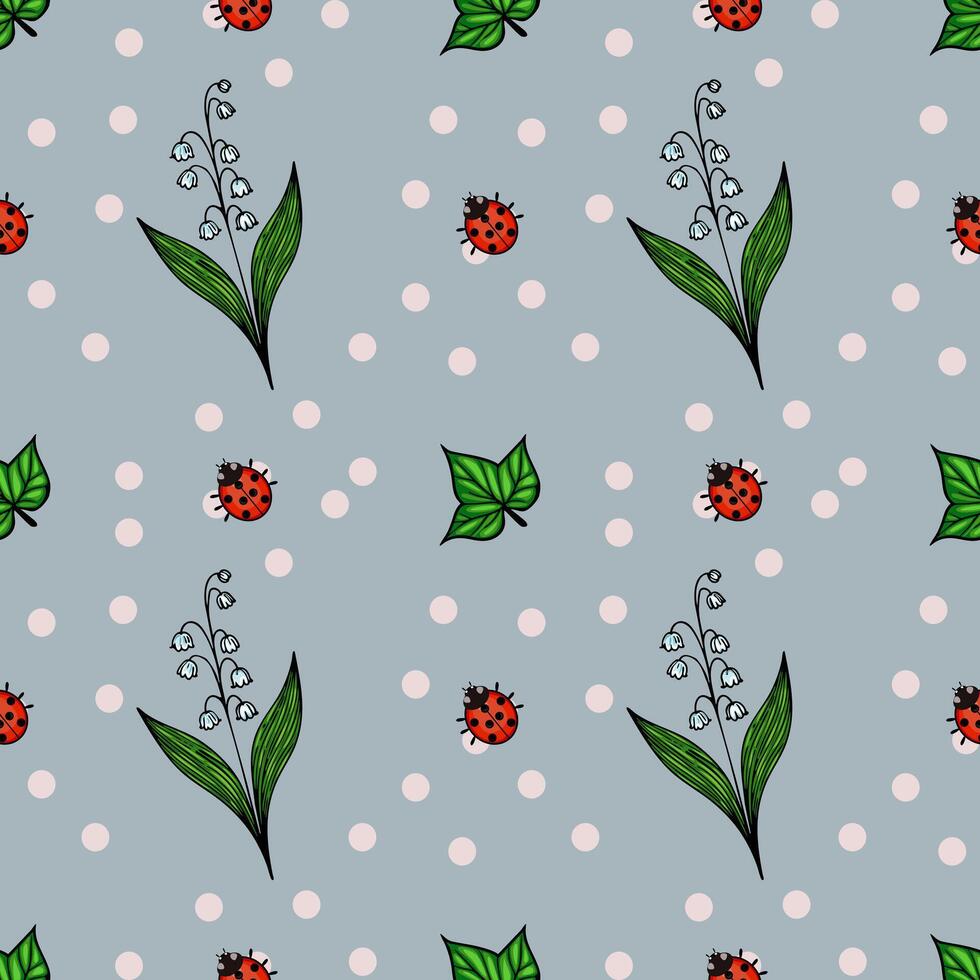 A seamless pattern featuring ladybugs, green leaves, and lily of the valley flowers on a light blue background with polka dots. vector