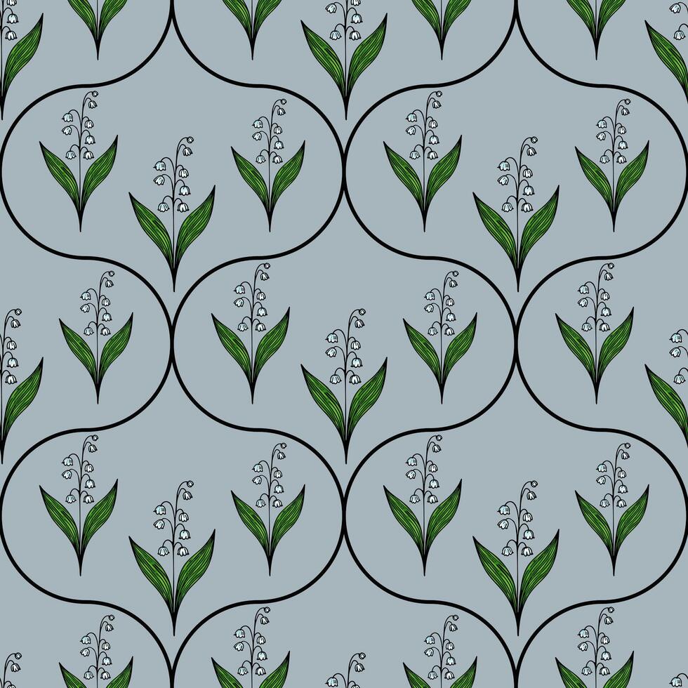 A seamless pattern featuring stylized lily of the valley flowers with green leaves on a light blue background, enclosed in circular outlines. vector