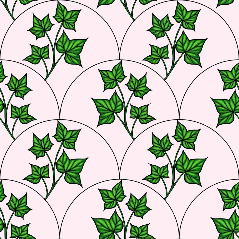 A seamless pattern featuring green ivy leaves arranged in circular shapes on a light pink background. The design is vibrant and botanical, suitable for textiles or wallpapers. vector