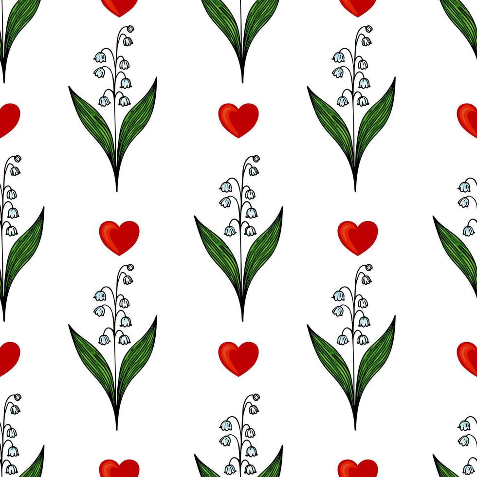 A seamless pattern featuring red hearts and green leaves with white lily of the valley flowers. The design is on a white background, creating a fresh and vibrant look. vector