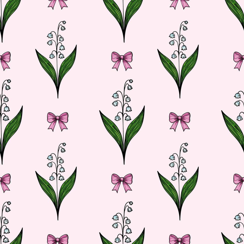 A seamless pattern featuring delicate lily of the valley flowers with green leaves and pink bows on a soft pink background. vector