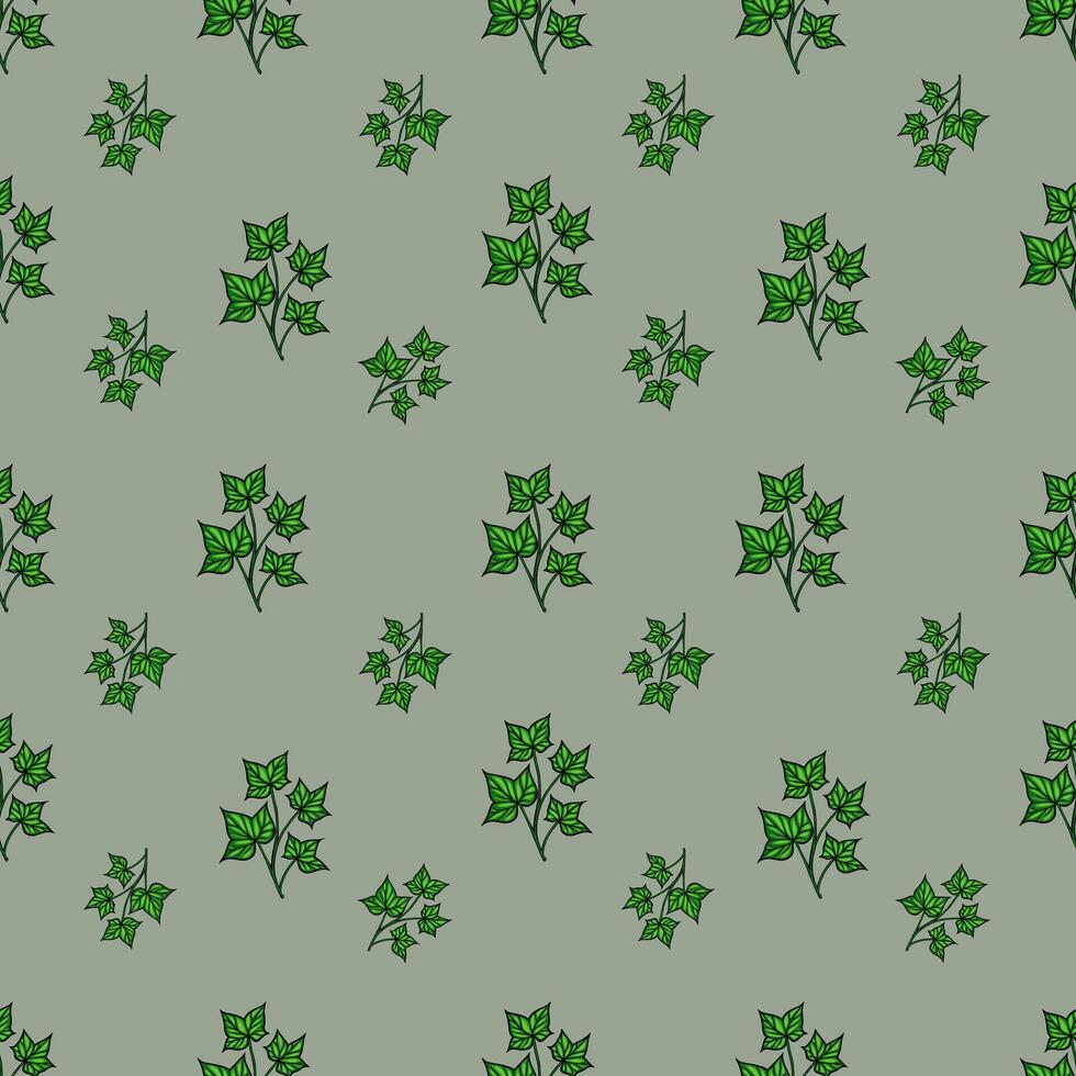 A seamless pattern featuring green ivy leaves on a muted green background. The leaves are illustrated with varying shades of green, creating a natural and organic feel. vector