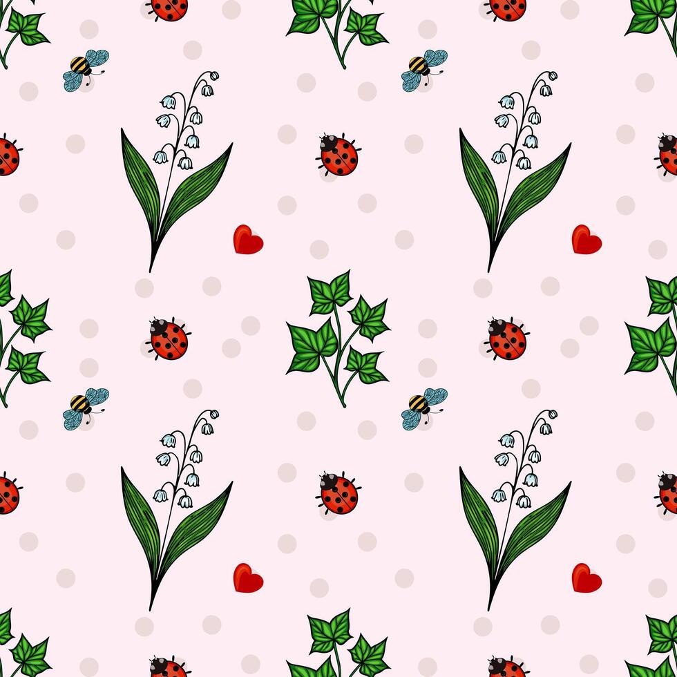 A whimsical pattern featuring ladybugs, bees, and flowers on a soft pink background. The design includes green leaves, white lily of the valley flowers, and red hearts. vector