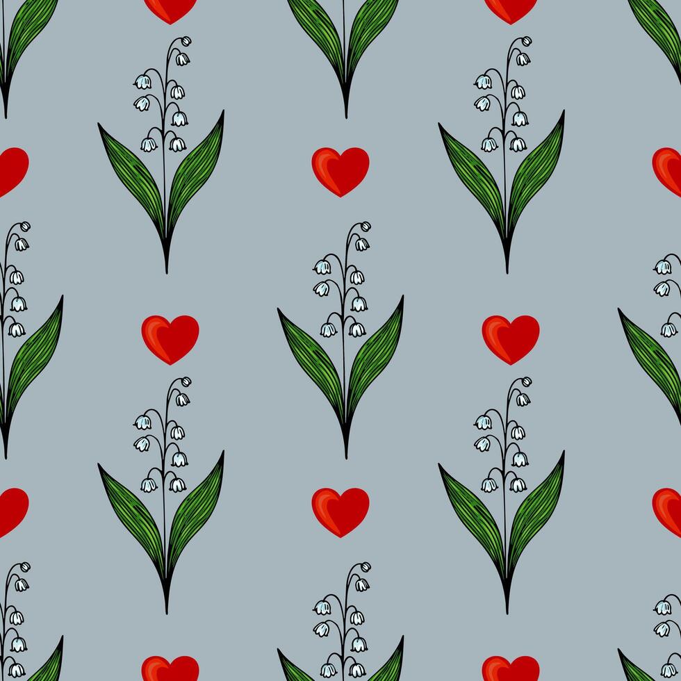 A seamless pattern featuring stylized flowers with white petals and green leaves, interspersed with red hearts, set against a lightblue background. vector