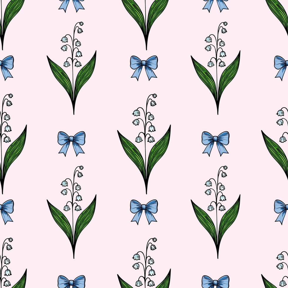 A seamless pattern featuring stylized lily of the valley flowers with green leaves and blue bows on a light pink background. vector