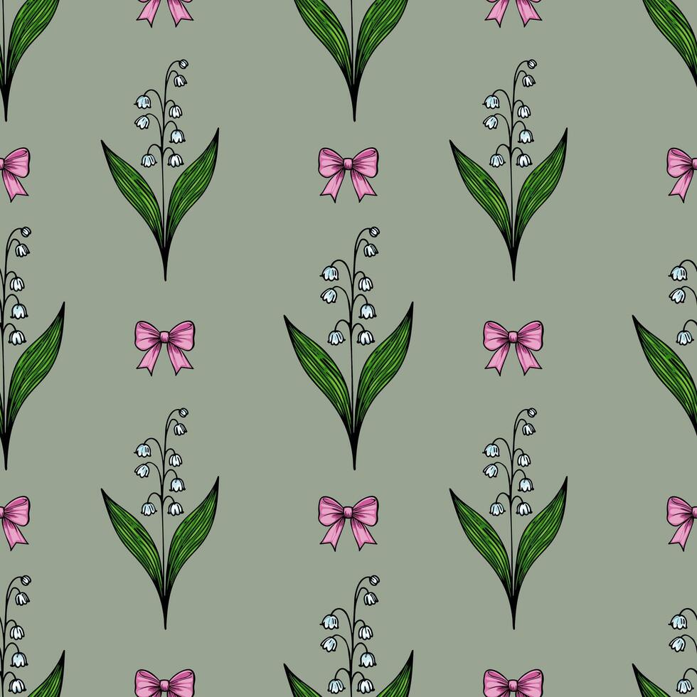 A seamless pattern featuring delicate lily of the valley flowers with pink bows on a muted green background. The design is elegant and floral, suitable for textiles or wallpapers. vector