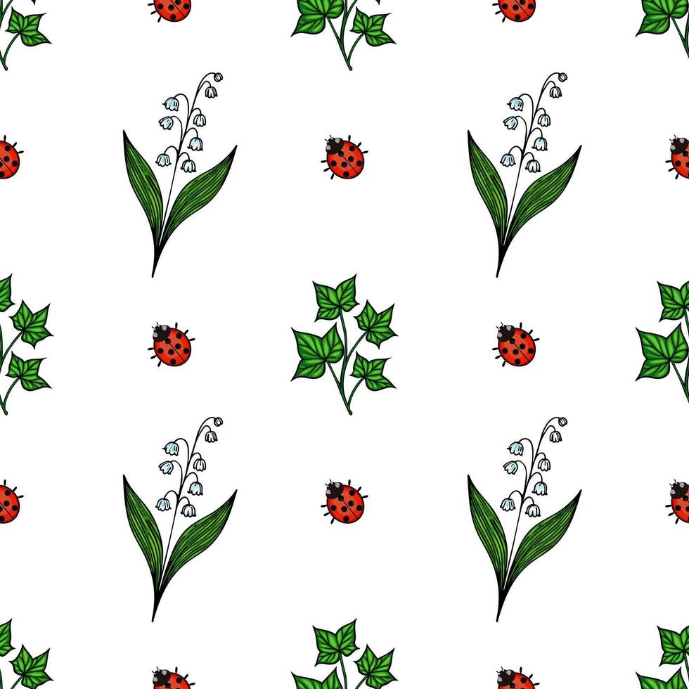 A seamless pattern featuring green leaves, white flowers, and red ladybugs on a white background. The design is playful and vibrant, suitable for textiles or wallpapers. vector