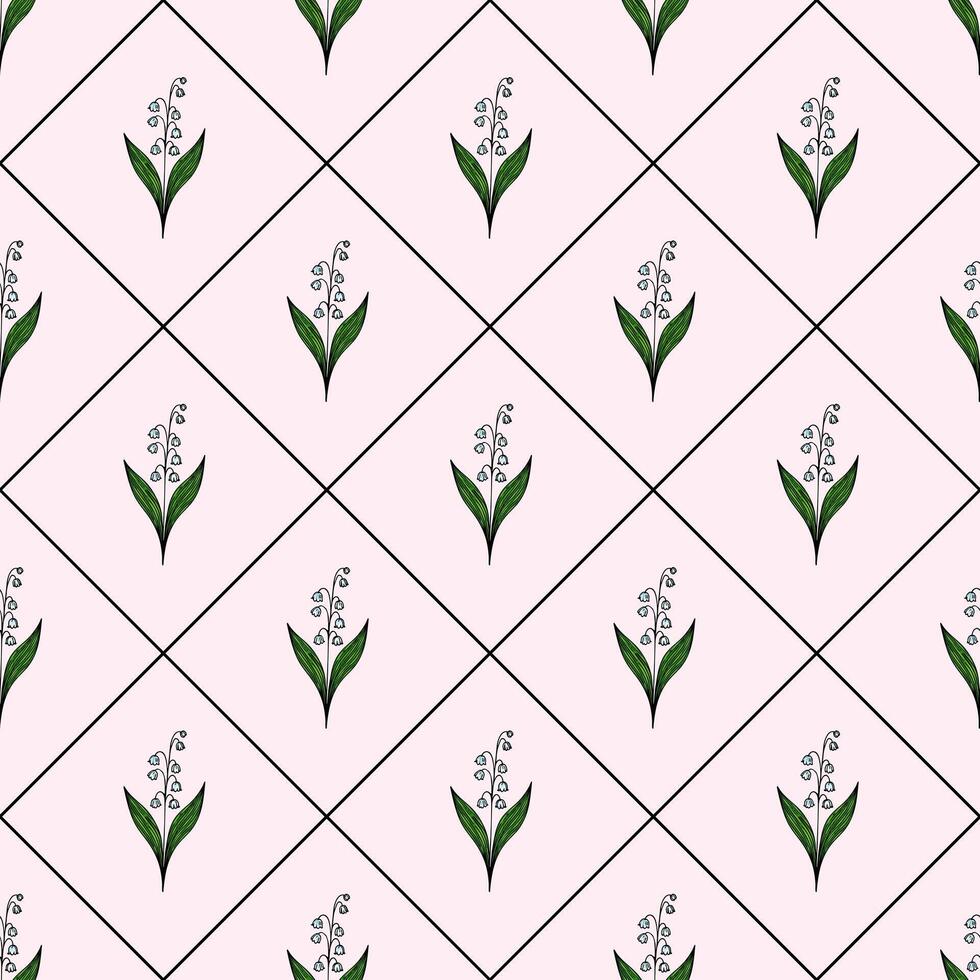 A seamless pattern featuring delicate green leaves and white flowers arranged in a diamond grid on a soft pink background. vector