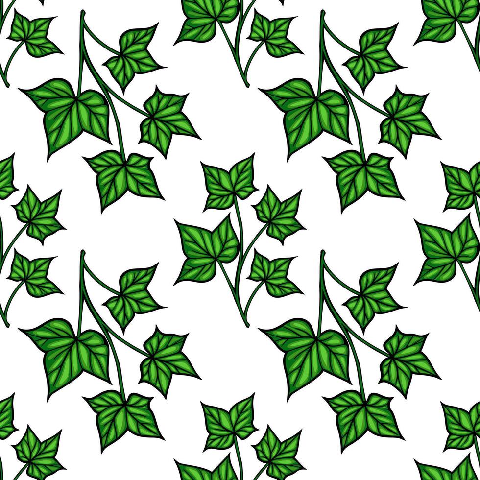 A seamless pattern featuring green ivy leaves on a white background. The leaves are detailed with varying shapes and sizes, creating a natural and vibrant design. vector