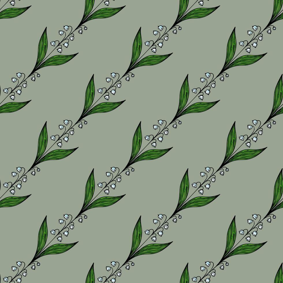 A seamless pattern featuring delicate green leaves and small white flowers on a muted green background. The design is elegant and suitable for textiles or wallpapers. vector
