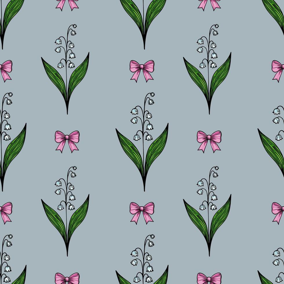 A seamless pattern featuring delicate lily of the valley flowers with green leaves and pink bows on a softblue background. vector
