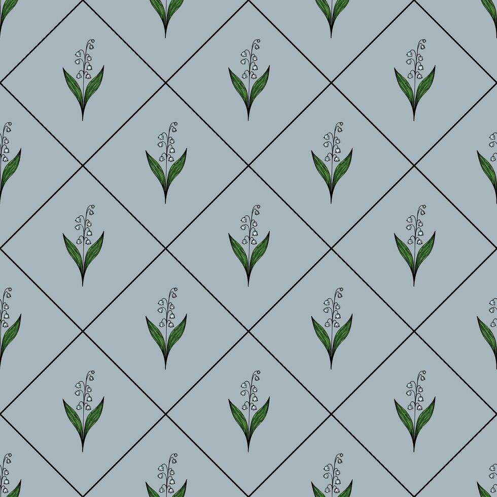 A seamless pattern featuring stylized green plants with delicate white flowers on a light blue background. The design is arranged in a diamond grid layout, creating a harmonious look. vector