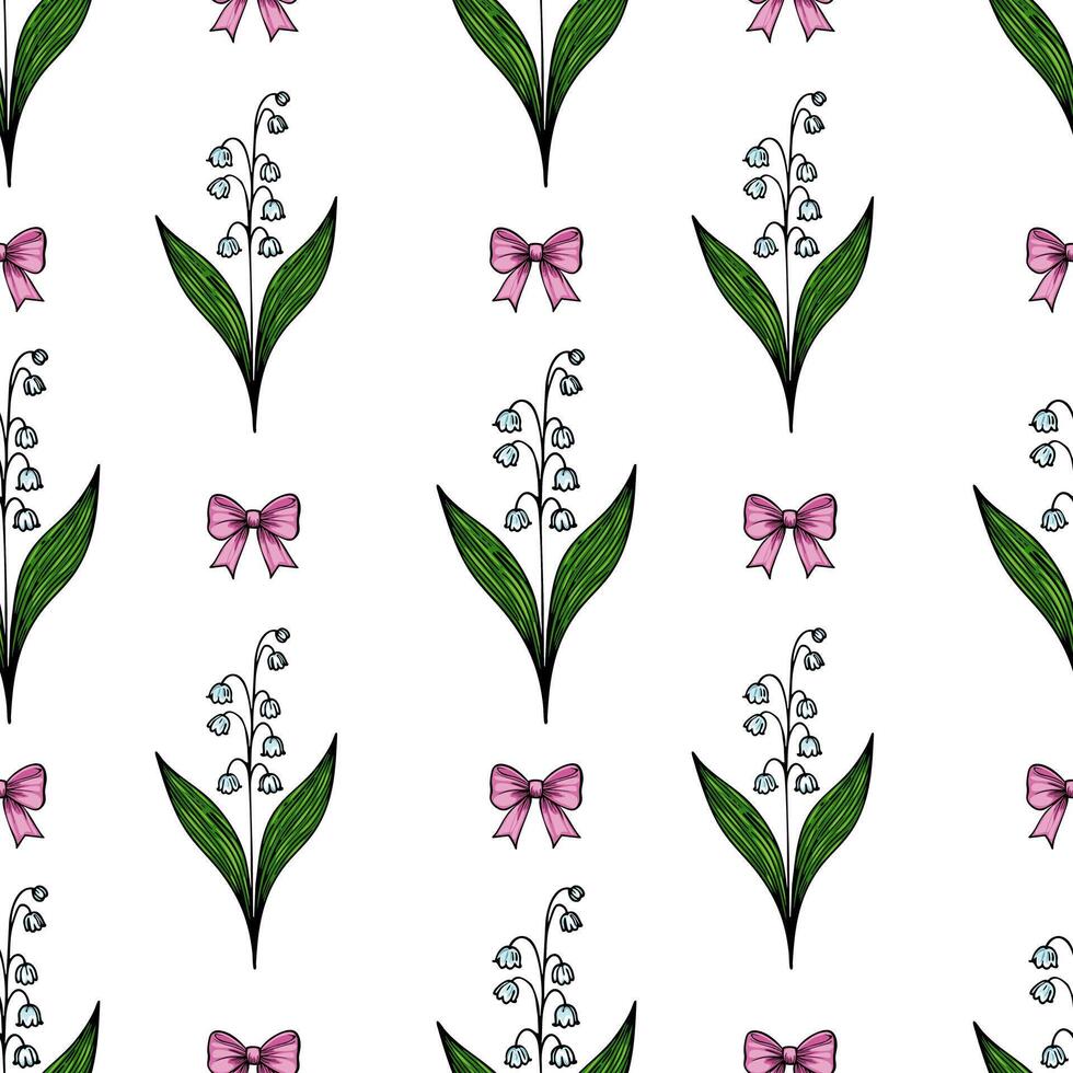 A seamless pattern featuring delicate lily of the valley flowers with green leaves and pink bows on a white background. vector