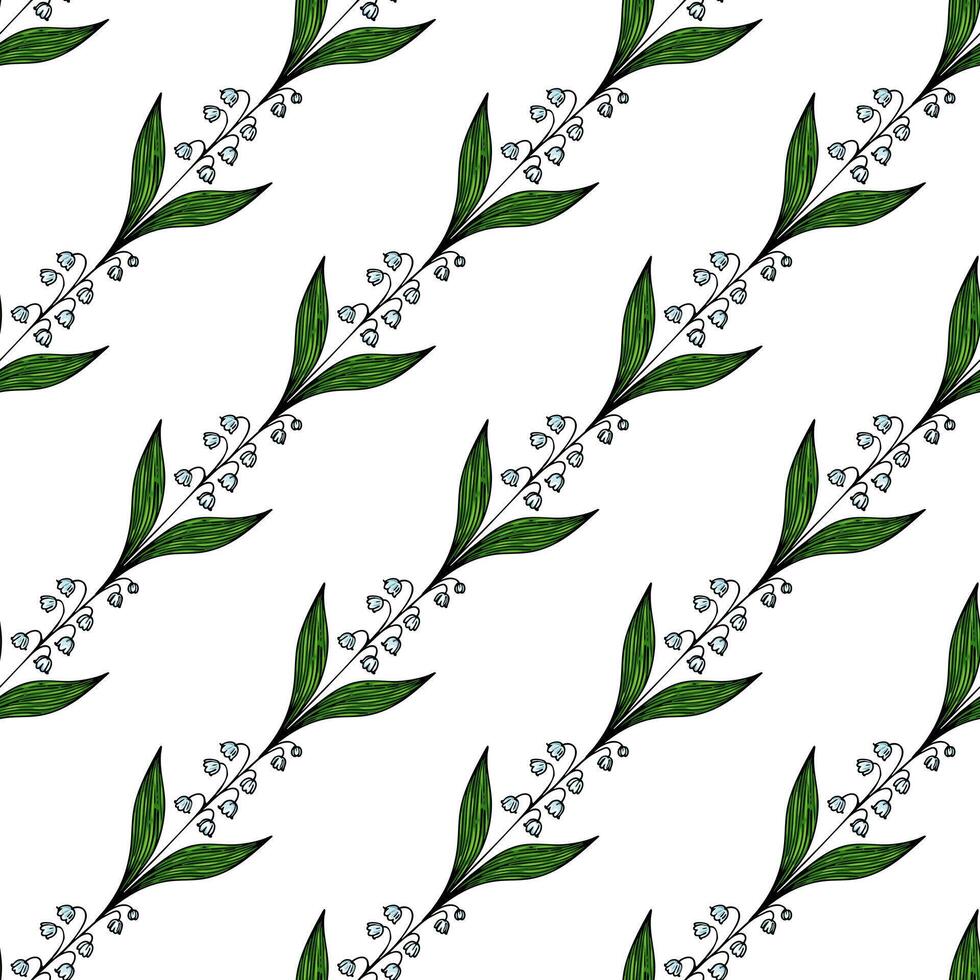A seamless pattern featuring delicate green leaves and small lily of the valley white flowers, arranged in a diagonal layout on a white background. vector