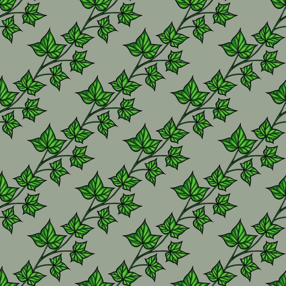 A seamless pattern featuring green ivy leaves on a muted green background. The design showcases various sizes and orientations of the leaves, creating a natural and organic feel. vector
