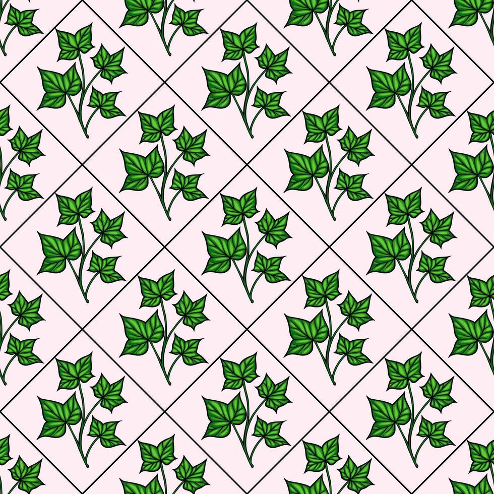 A seamless pattern featuring green ivy leaves on a light pink background, arranged in a diamond grid layout. The leaves are detailed and vibrant, creating a fresh and natural look. vector