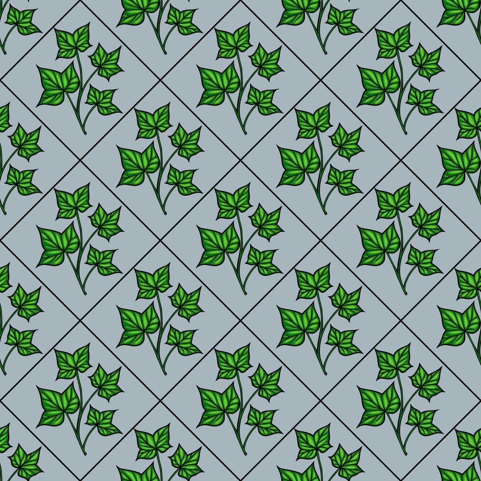 A seamless pattern featuring green ivy leaves on a lightblue background, arranged in a diamond grid layout. The design is vibrant and suitable for various decorative uses. vector