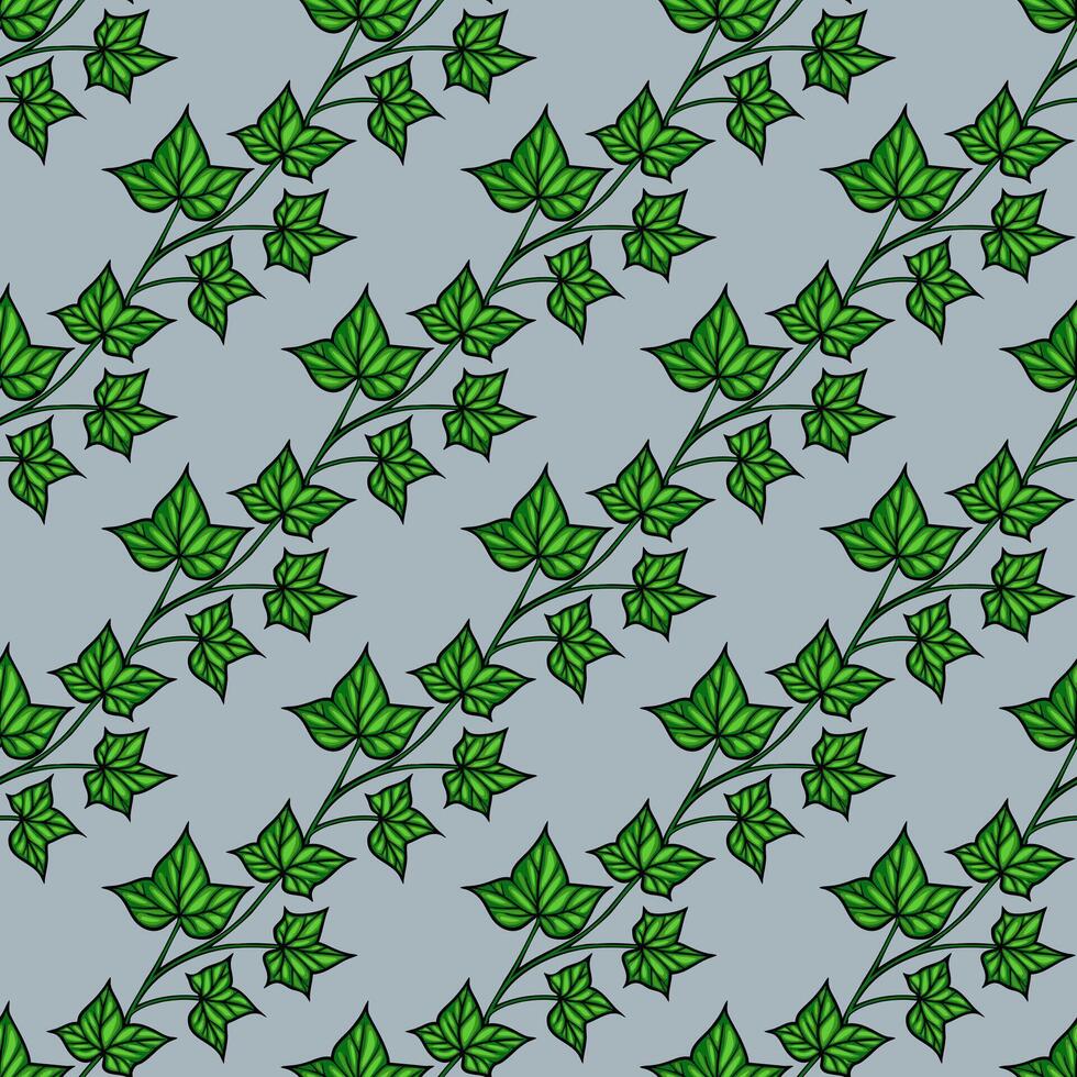 A seamless pattern featuring green ivy leaves on a lightblue background. The design showcases various sizes and orientations of the leaves, creating a natural and organic feel. vector