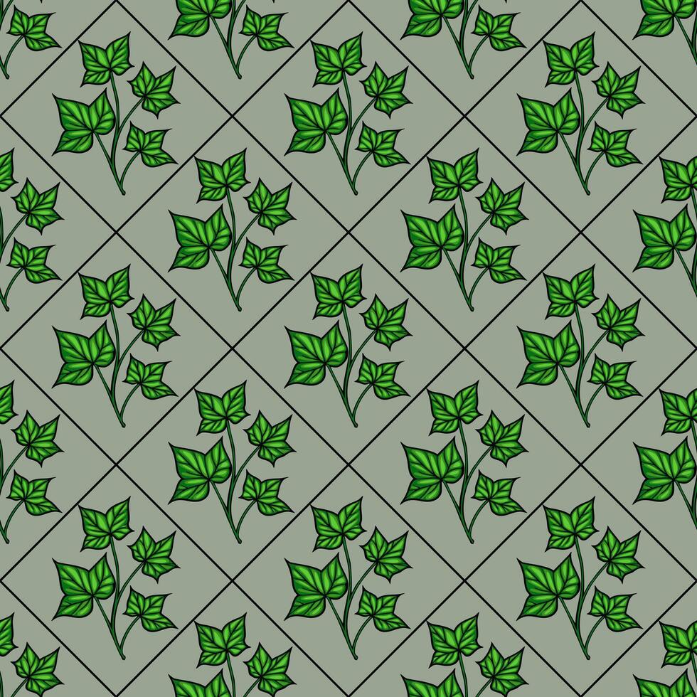 A seamless pattern featuring green ivy leaves arranged in a diamond grid on a muted green background. The leaves are detailed with veins and varying sizes, creating a natural and organic feel. vector