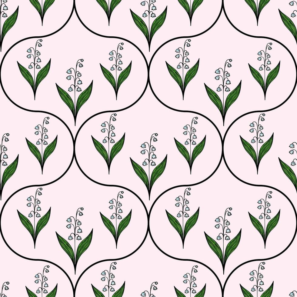 A seamless pattern featuring delicate lily of the valley flowers with green leaves on a soft pink background. The design is enclosed in circular shapes with black outlines. vector
