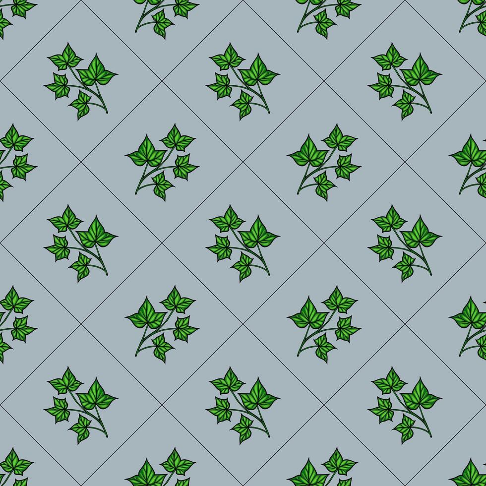 A seamless pattern featuring green ivy leaves on a lightblue background. The design is repetitive, showcasing various arrangements of the leaves in a grid layout. vector