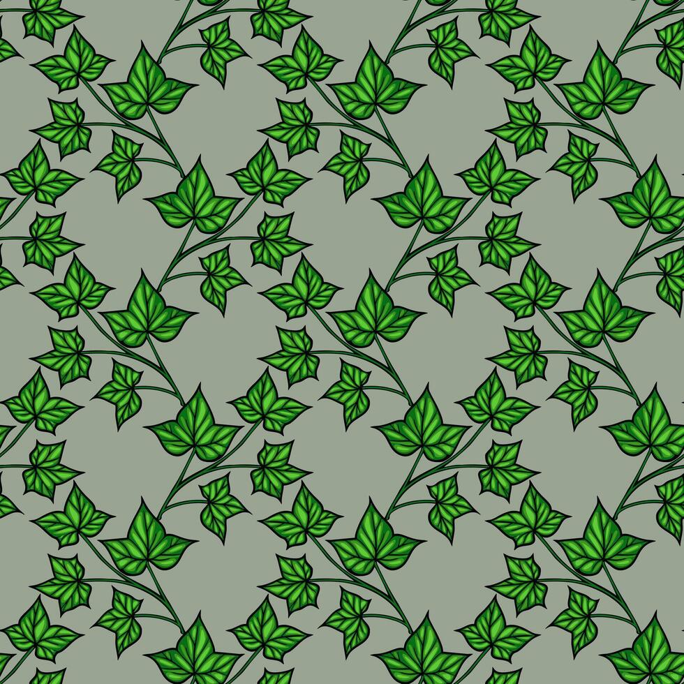 A seamless pattern featuring green ivy leaves on a soft green background. The design showcases various sizes and orientations of the leaves, creating a natural and organic feel. vector