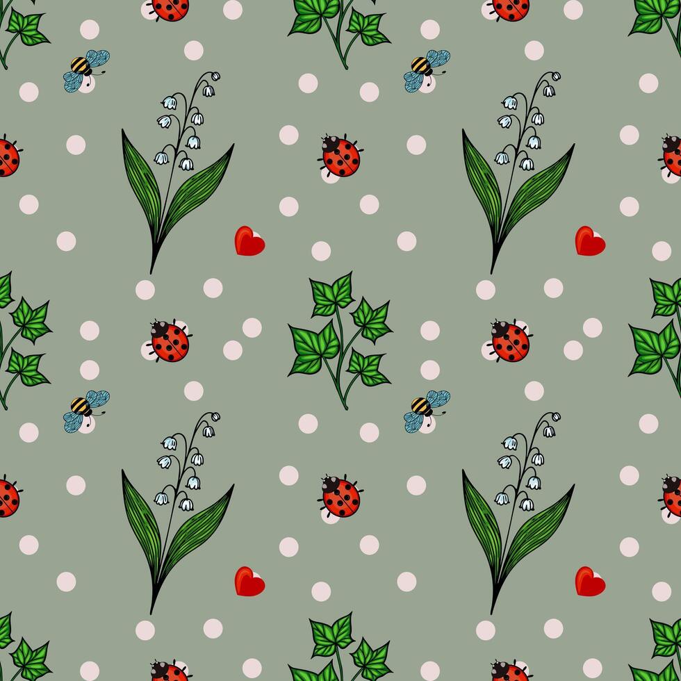 A whimsical pattern featuring ladybugs, bees, flowers, and hearts on a green background. The design includes polka dots and various plants, creating a cheerful and playful aesthetic. vector