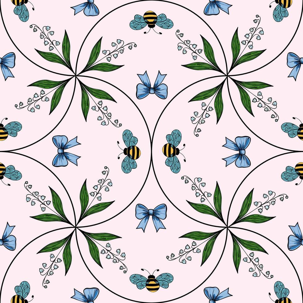 A seamless floral pattern featuring green leaves, blue bows, and bees on a soft pink background. The design is symmetrical and intricate, ideal for textiles or wallpapers. vector
