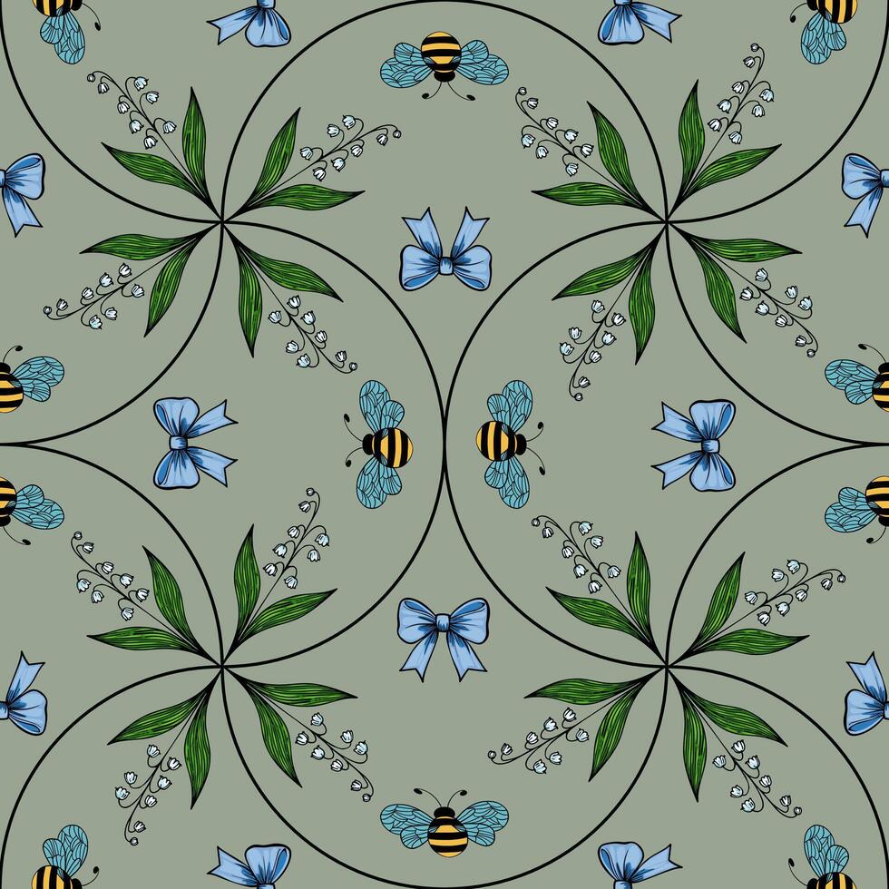 A seamless pattern featuring bees, blue bows, and green leaves on a muted green background. The design is symmetrical and floral, creating a whimsical and nature-inspired look. vector