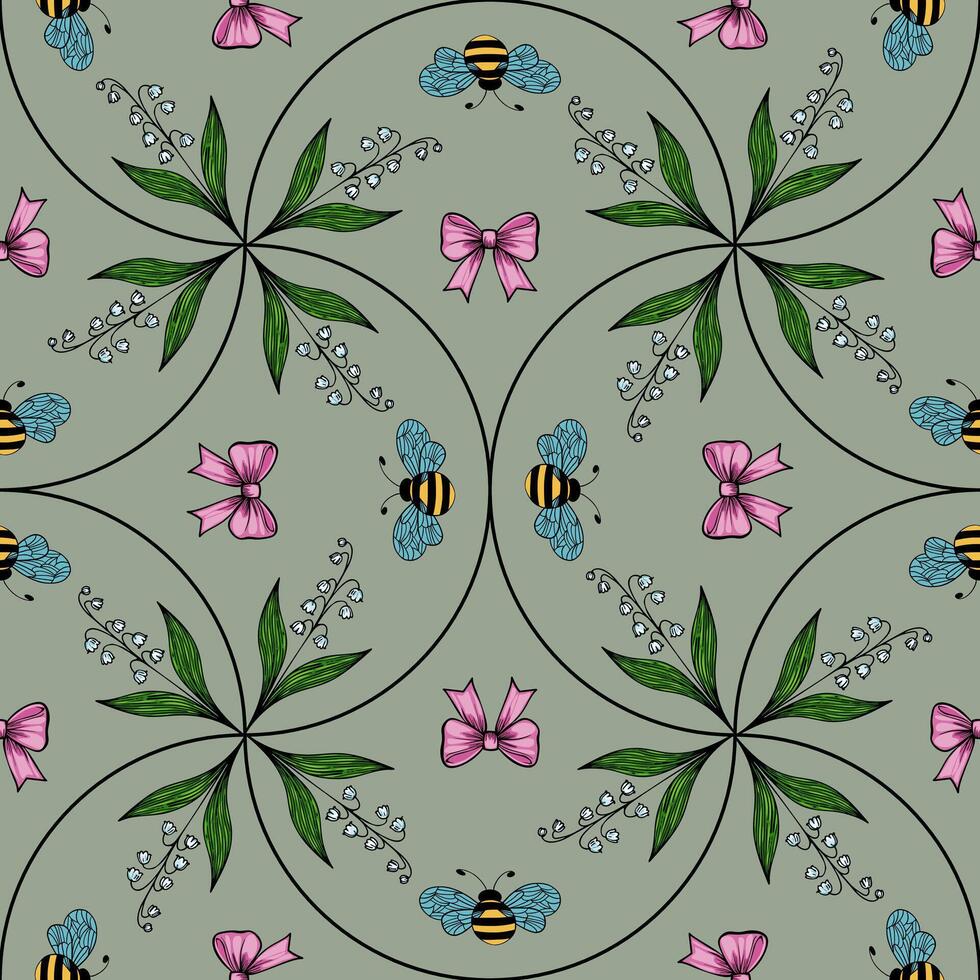 A seamless pattern featuring bees, pink bows, and green leaves on a muted green background. The design is symmetrical and floral, creating a whimsical and cheerful aesthetic. vector