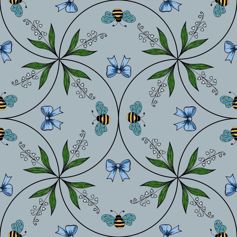 A seamless pattern featuring blue butterflies, bees, and green leaves on a lightblue background. The design is symmetrical with floral elements and delicate details. vector