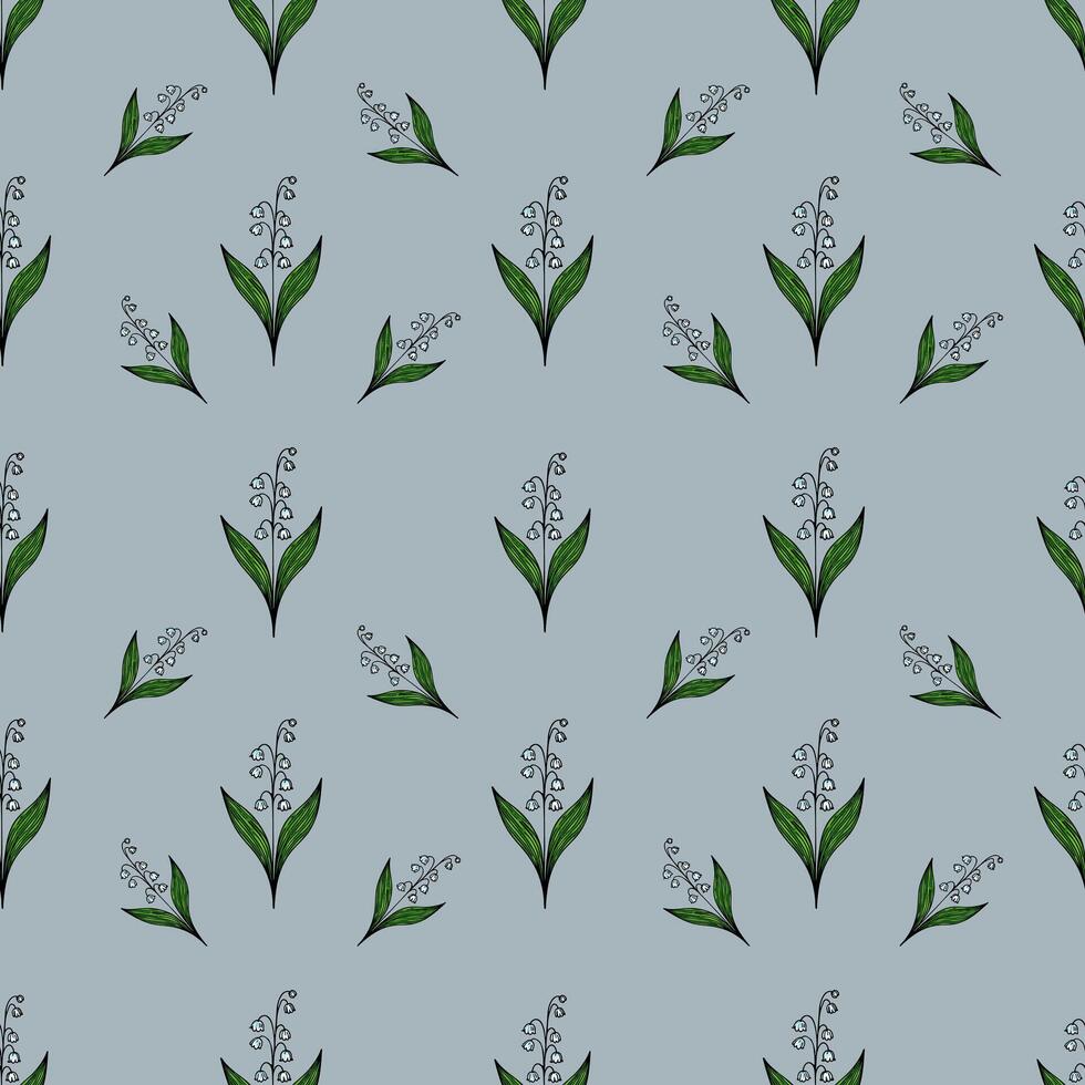A seamless pattern featuring delicate flowers with green leaves on a light blue background. The flowers have small white petals and are arranged in a repetitive design. vector