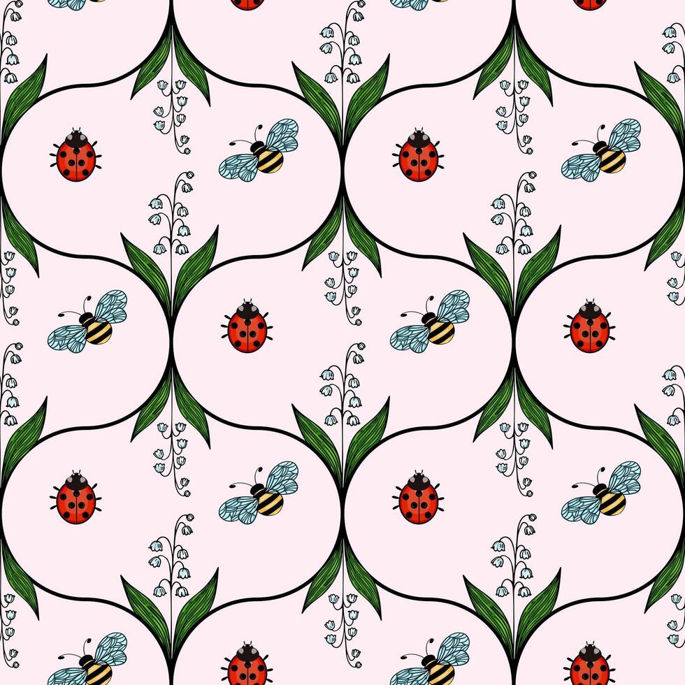 A whimsical pattern featuring ladybugs and bees surrounded by green leaves and delicate vines on a soft pink background. vector