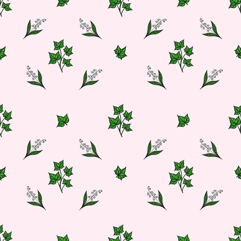 A seamless pattern featuring green leaves and small white flowers on a soft pink background. The design is delicate and suitable for textiles or wallpapers. vector