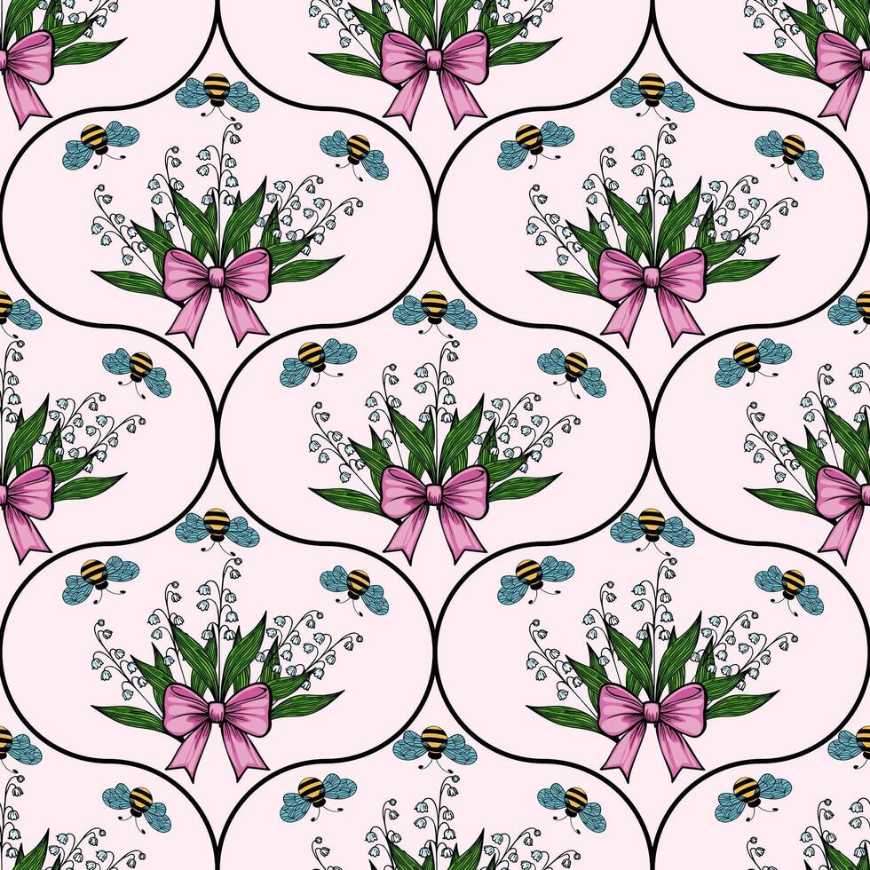 A repeating pattern featuring bouquets of flowers tied with pink bows, surrounded by small blue butterflies and bees, set against a light pink background. vector