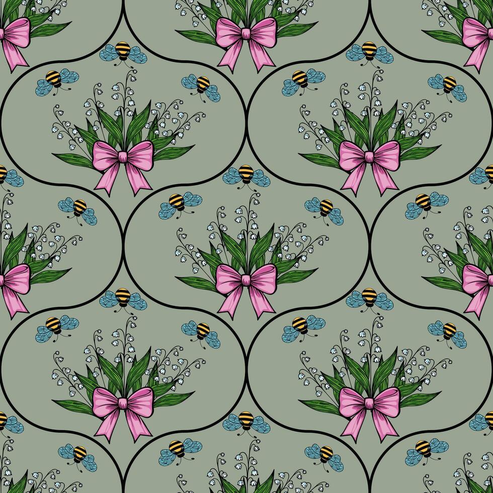 A repeating pattern featuring bouquets of flowers with pink bows, surrounded by bees and butterflies, set against a muted green background. vector