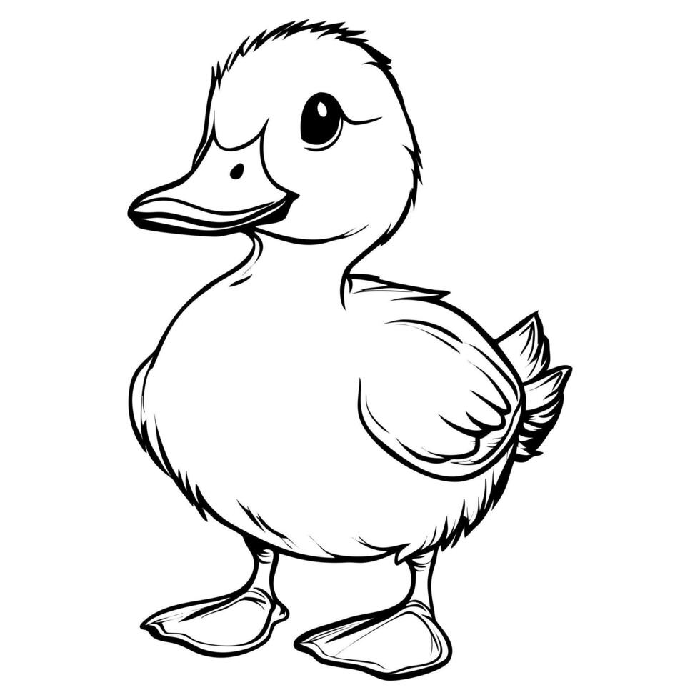 A cute cartoon duckling with a round body, big eyes, and a playful expression. The duckling stands upright with its wings slightly raised, showcasing a friendly demeanor. vector