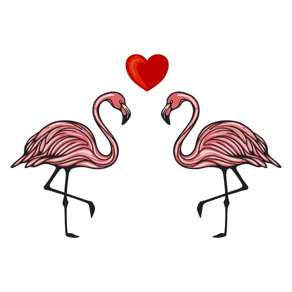 Two pink flamingos standing on one leg facing each other, with a red heart above them, symbolizing love and affection. vector