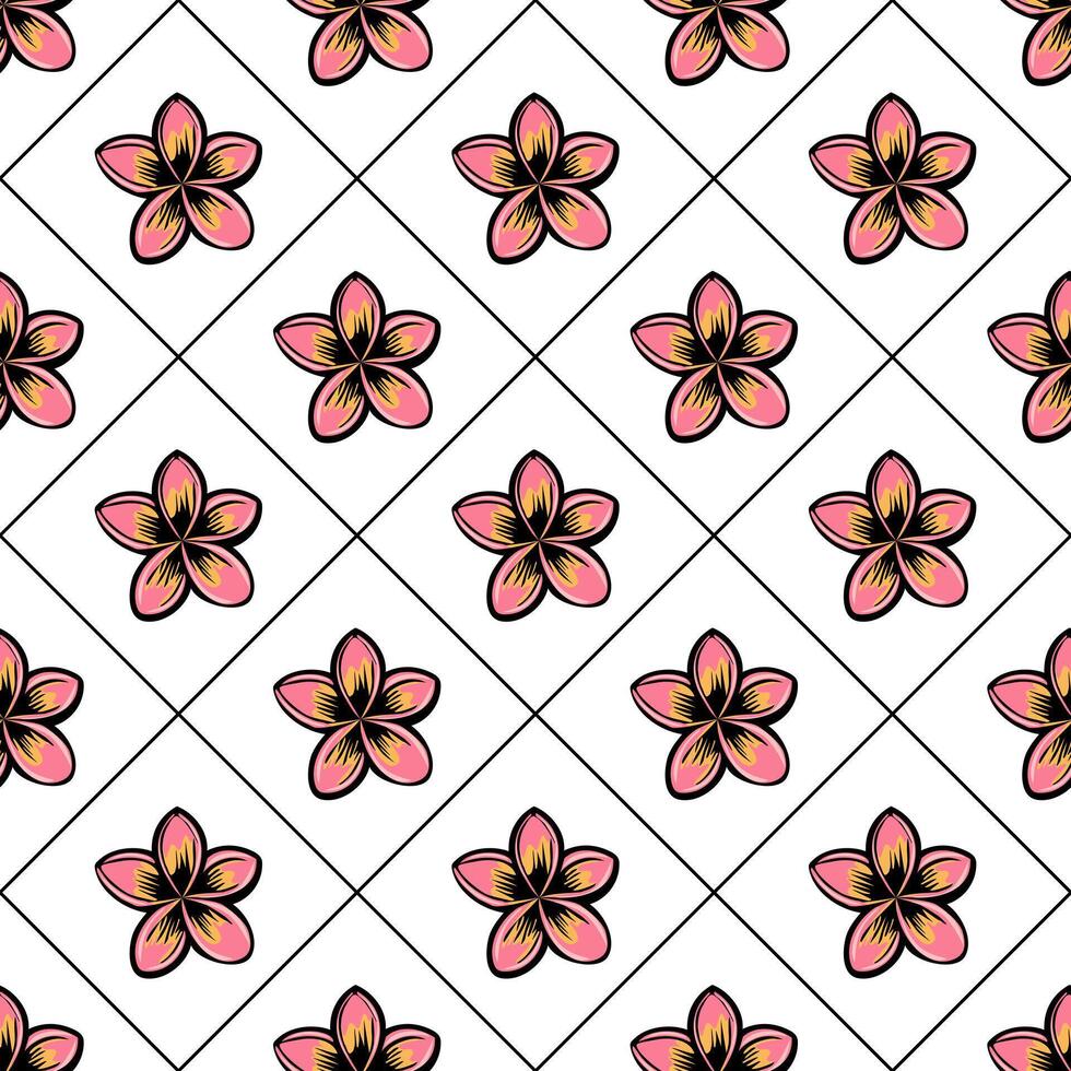 A seamless pattern featuring pink and yellow flowers arranged in a diamond grid on a white background. The flowers have black outlines, creating a vibrant and cheerful design. vector