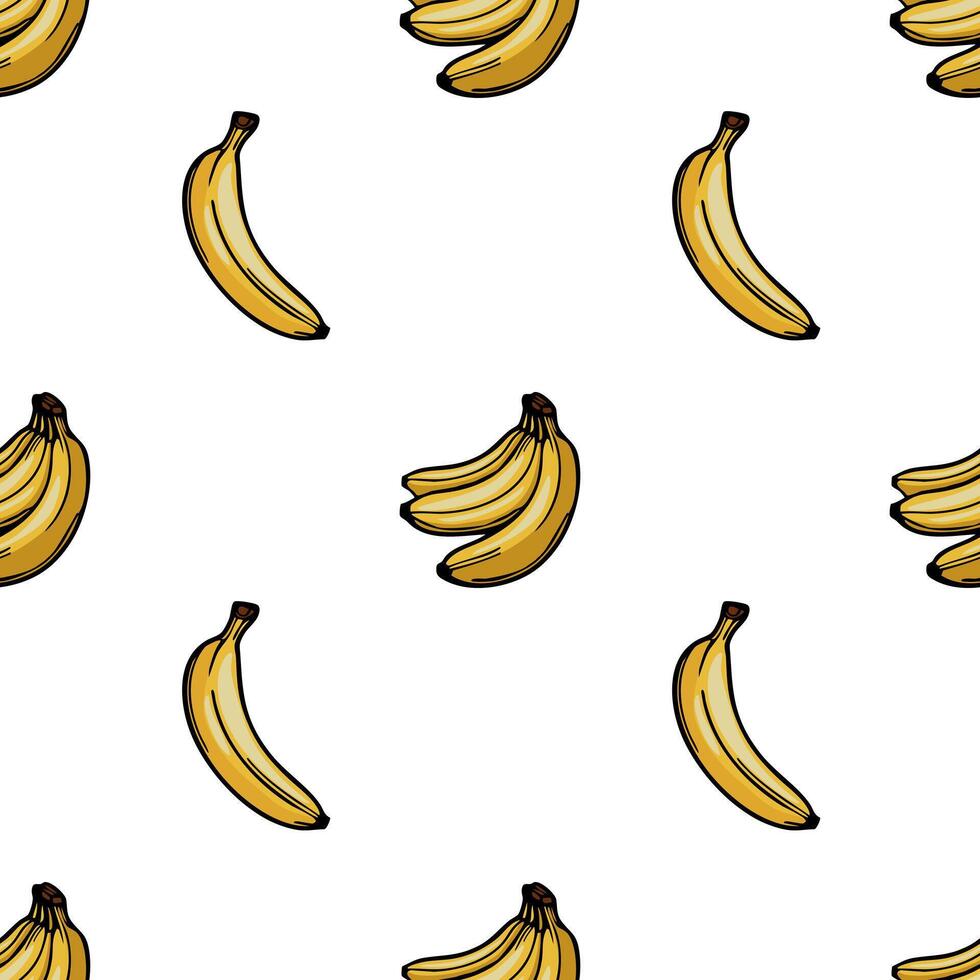 A seamless pattern featuring various illustrations of bananas on a white background. The bananas are depicted in different orientations, showcasing their vibrant yellow color. vector