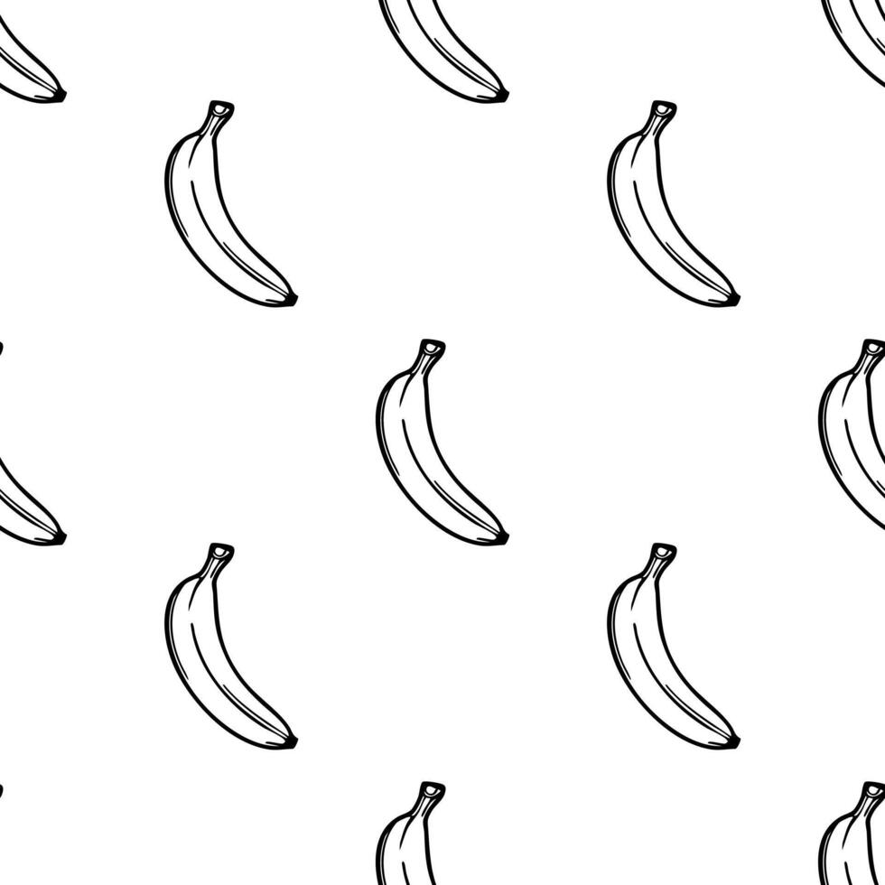 A seamless pattern featuring hand-drawn bananas on a white background. The bananas are outlined in black, creating a minimalist and playful design. vector