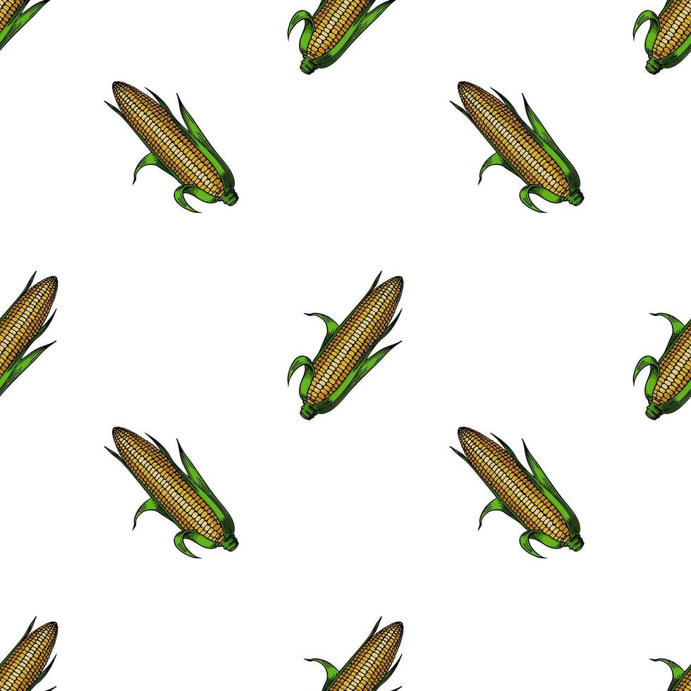 A seamless pattern featuring illustrations of corn on the cob, with green husks and yellow kernels, set against a white background. vector