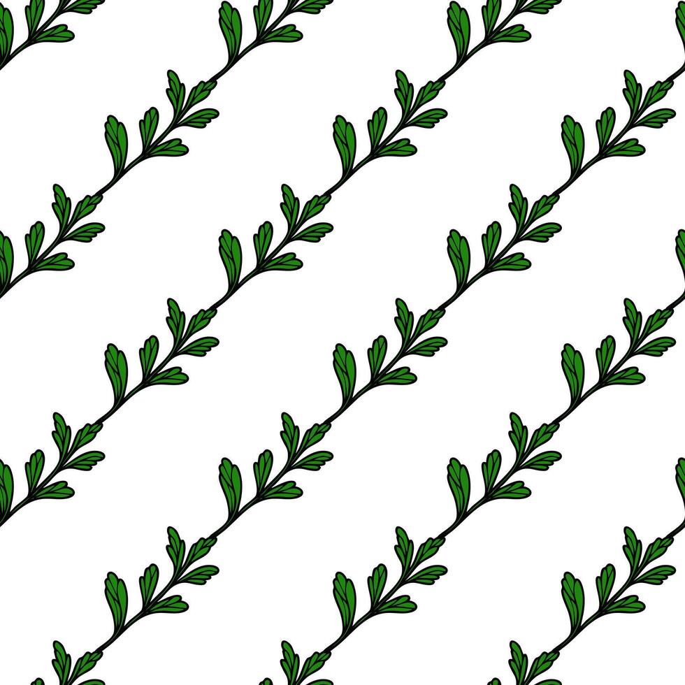 A seamless pattern featuring green leaves on thin black branches, arranged diagonally on a white background. vector