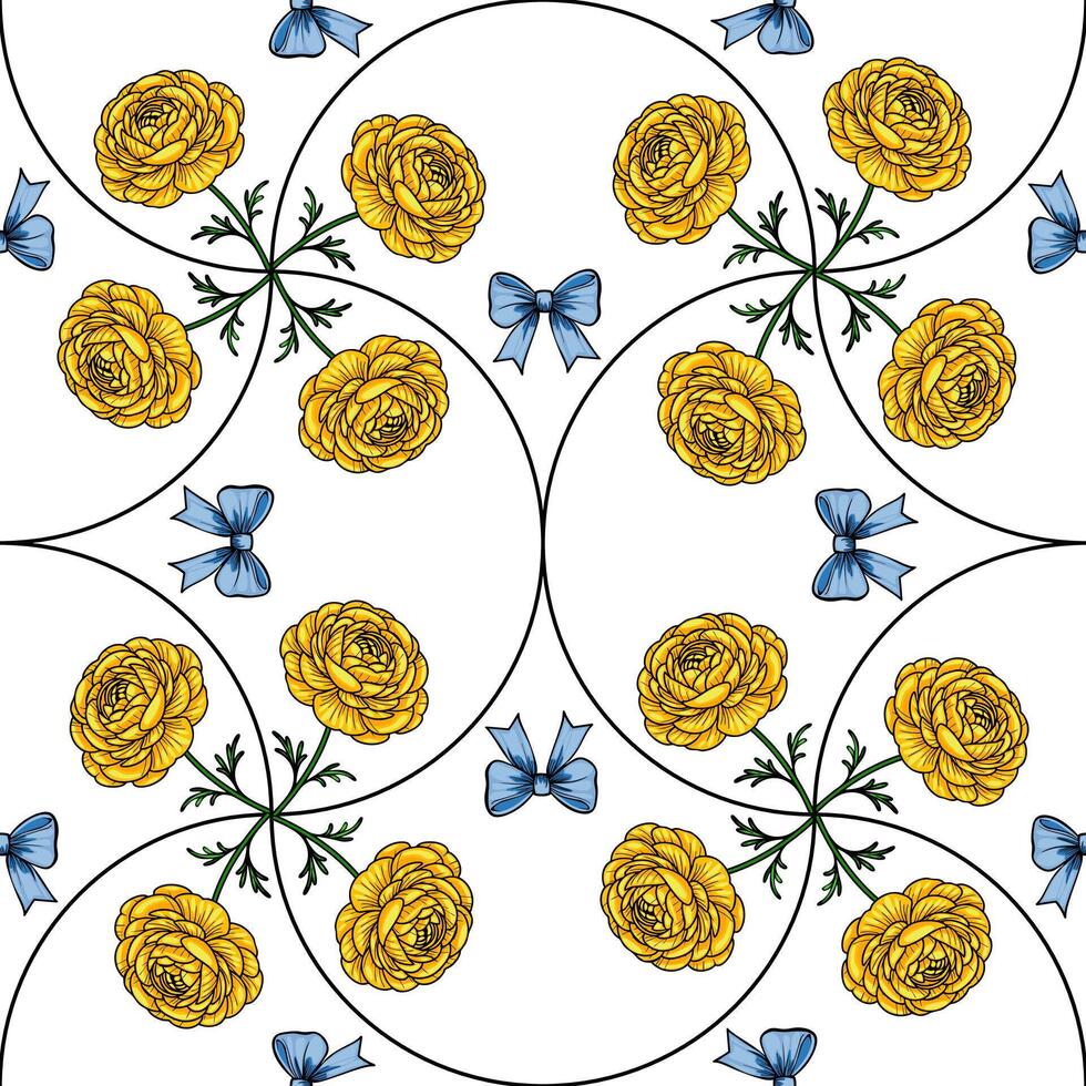 A seamless pattern featuring yellow roses and blue bows on a white background. The design is symmetrical, with roses arranged in a circular pattern, complemented by delicate green leaves. vector