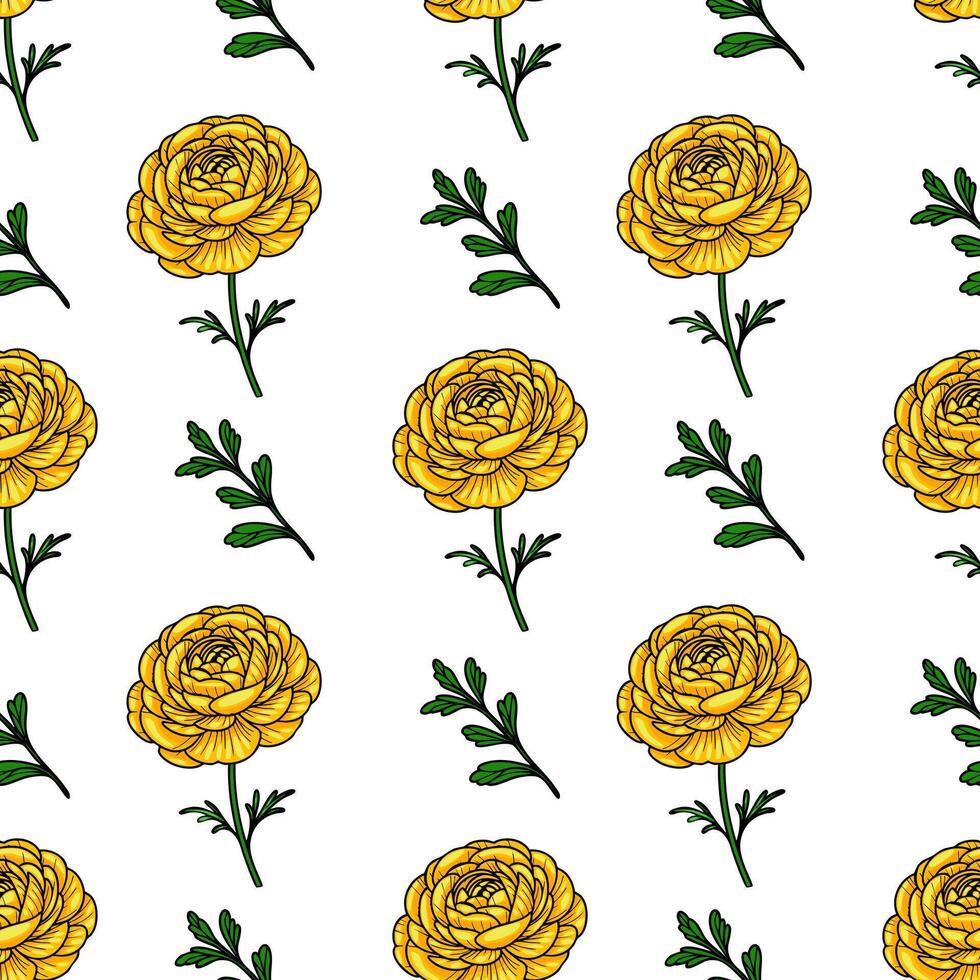 A seamless pattern featuring vibrant yellow flowers with green leaves on a white background. The flowers are detailed and stylized, creating a cheerful and bright design. vector