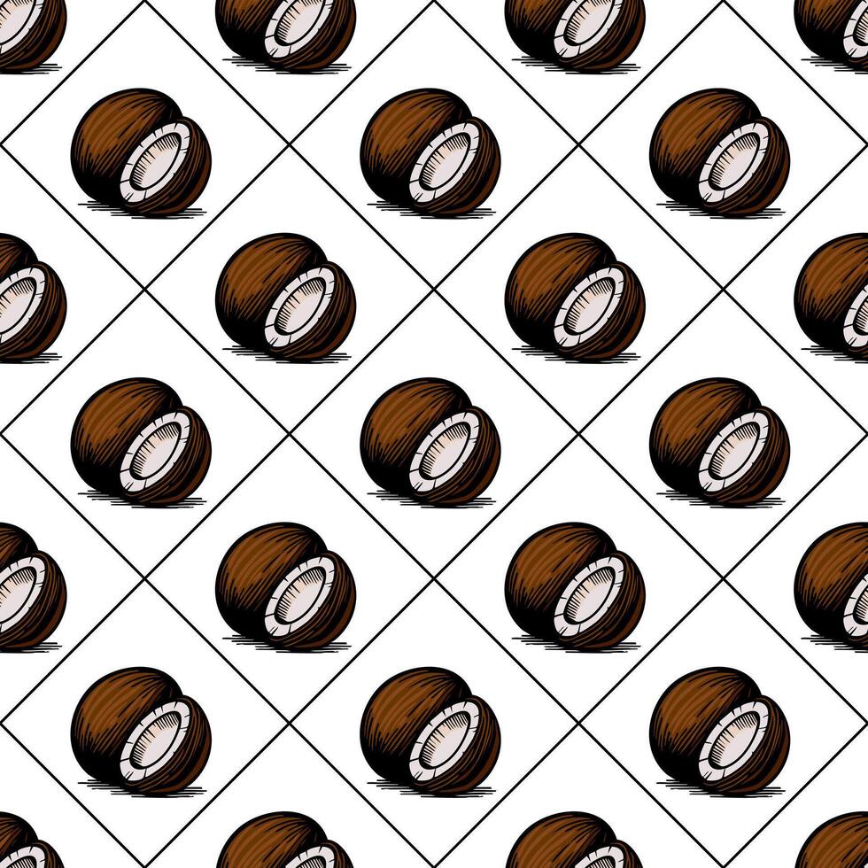 A seamless pattern featuring hand-drawn coconuts with a split view, showcasing the inner white flesh against a white background. The design is arranged in a diamond grid layout. vector
