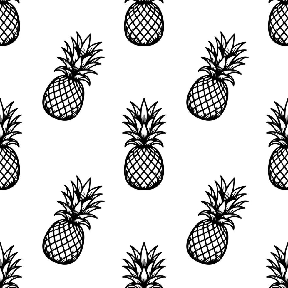 A seamless pattern featuring hand-drawn pineapples on a white background. The pineapples are outlined in black, showcasing their distinctive shape and leaves. vector